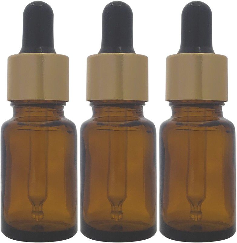 JFA Bobby Corporation 10 ml Amber Glass Bottle with Golden Cap Black Teat Dropper 10 ml Bottle  (Pack of 3, Brown, Glass)
