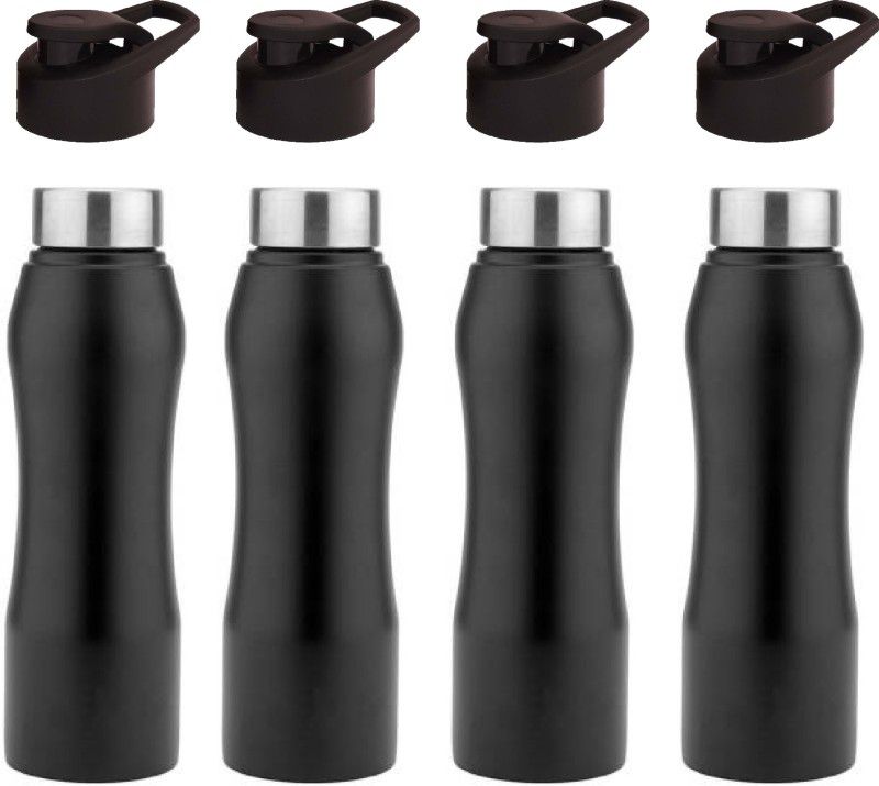 Prosila Stainless steel bottle Leak Proof Water Curvy Double Cab Fridge Bottles 750 ml Bottle  (Pack of 4, Black, Steel)