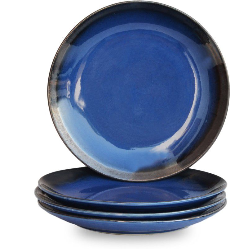 ST "REDEFINING SPACES" Blue Hand Glazed Studio Pottery Ceramic Dinner Plates Set (10 Inch Set of-4) Dinner Plate  (Pack of 4, Microwave Safe)