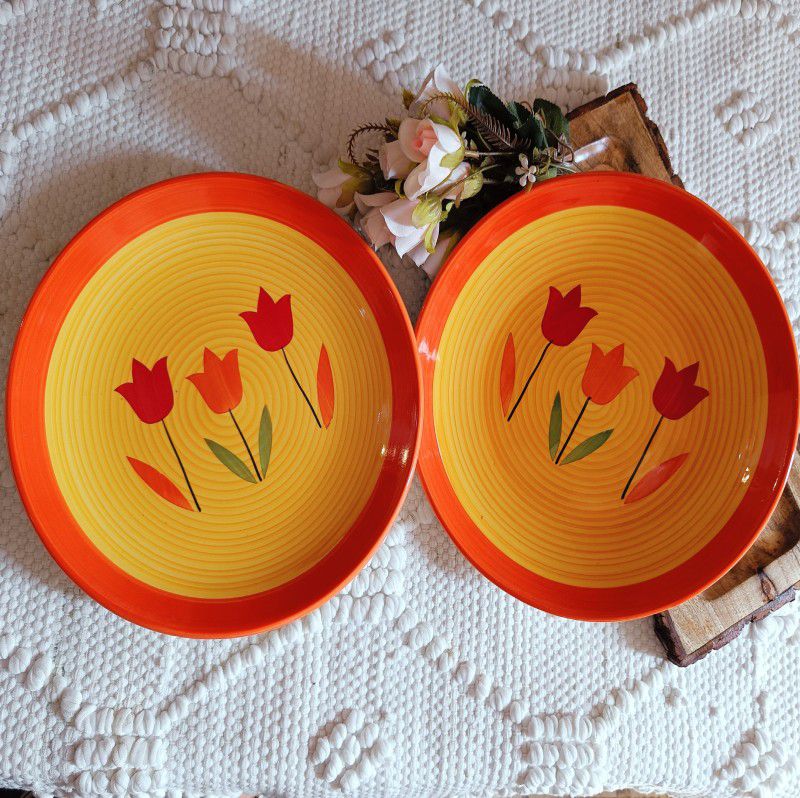 Niyara Stoneware Handmade Ceramic flower design dinner Plates Color yellow-Set of 2 Dinner Plate  (Pack of 2, Microwave Safe)