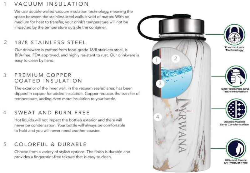 NYRWANA DELIVERING SMILES IN INIDA Sports Water Bottle Thermos with 3 Lids 1 straw Double Wall Steel Flask/Tumbler 1000 ml Bottle  (Pack of 1, White, Steel)