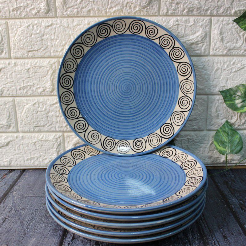 The Artisan Emporium Blue Swirl Set Of 6 Hand-painted Ceramic Dinner Plate  (Pack of 6, Microwave Safe)