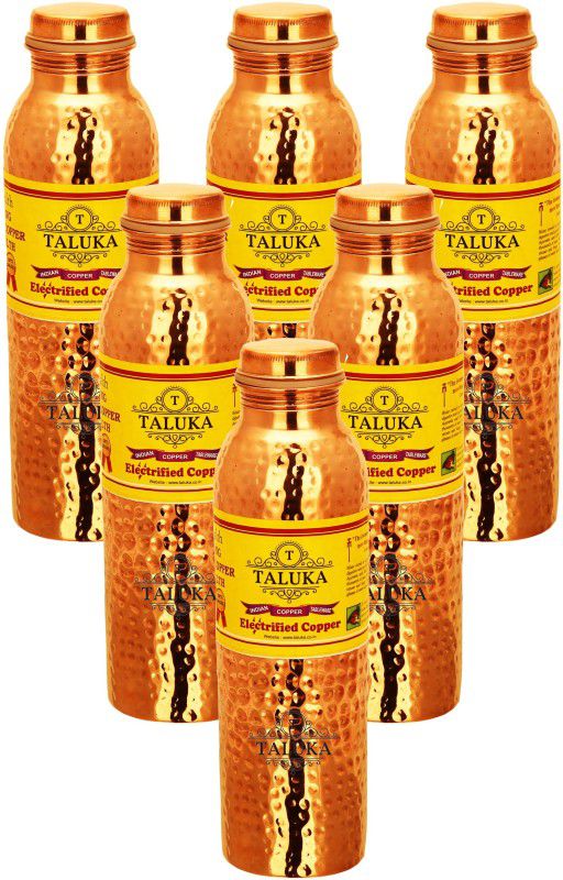 TALUKA Pure Copper Handmade Set Of 6 Hammered Copper Bottle Water Bottle Ayurveda Health Benefits Copper Bottle Capacity 1000 ML ( 2.5" x 10" Inches Approx ) 1000 ml Bottle  (Pack of 6, Multicolor, Copper)