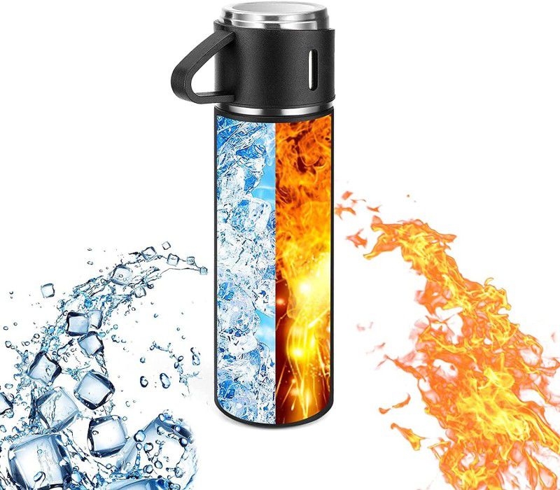 VibeX XVI-35JU-Insulated Stainless Steel Bottle for Hot & Cold Water- 500 ml 500 ml Bottle With Drinking Glass  (Pack of 1, Black, Silver, Steel)
