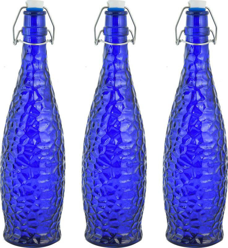 Machak Crick Glass Water Bottle for Fridge , Dark Blue 1000 ml Bottle  (Pack of 3, Blue, Glass)