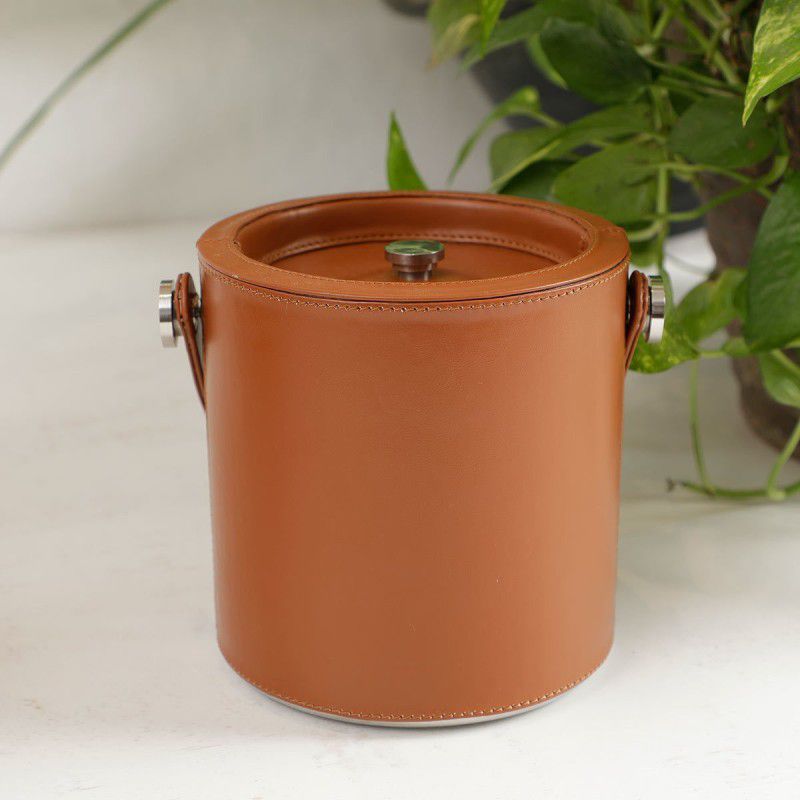 Home4U 1.5 L Steel Cornflake Leather Sheath Ice Bucket With Tong Ice Bucket  (Brown)