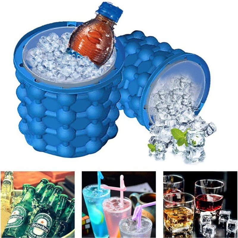 VibeX 1 L Silicone, Plastic IX®-445-UJ- Ice Bucket & Ice Mold with lid, Large Silicone Ice Bucket (2 in 1) Ice Bucket  (Blue)