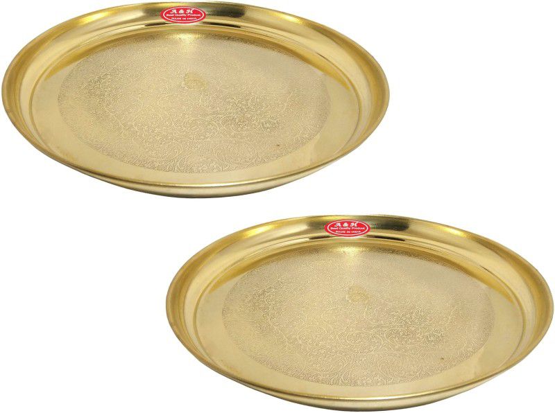A&H Brass Dinner Plate / Thali / Full Plate Set of 2 pc For Pooja & Serving Purpose (Engraved Flower Design Tableware & Serveware, [ 12 inch ] 30 cm Each) - 2 Pieces Dinner Plate  (Pack of 2)