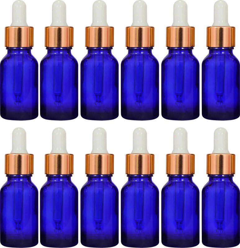 nsb herbals Blue Glass Bottle + Gold Dropper for Essential Oil, DIY Perfume, Multipurpose Use 15 ml Bottle  (Pack of 12, Blue, Glass)
