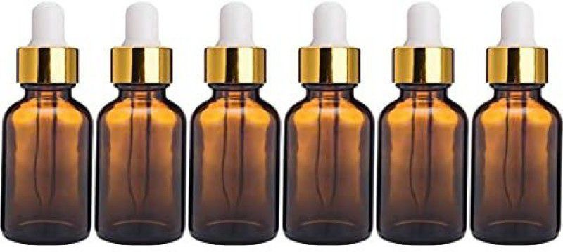 PHARCOS 15ML Amber Glass Bottle with Dropper plug+Gold ring+White Silicone Teat|Pack of6 15 ml Bottle  (Pack of 6, Brown, Glass)