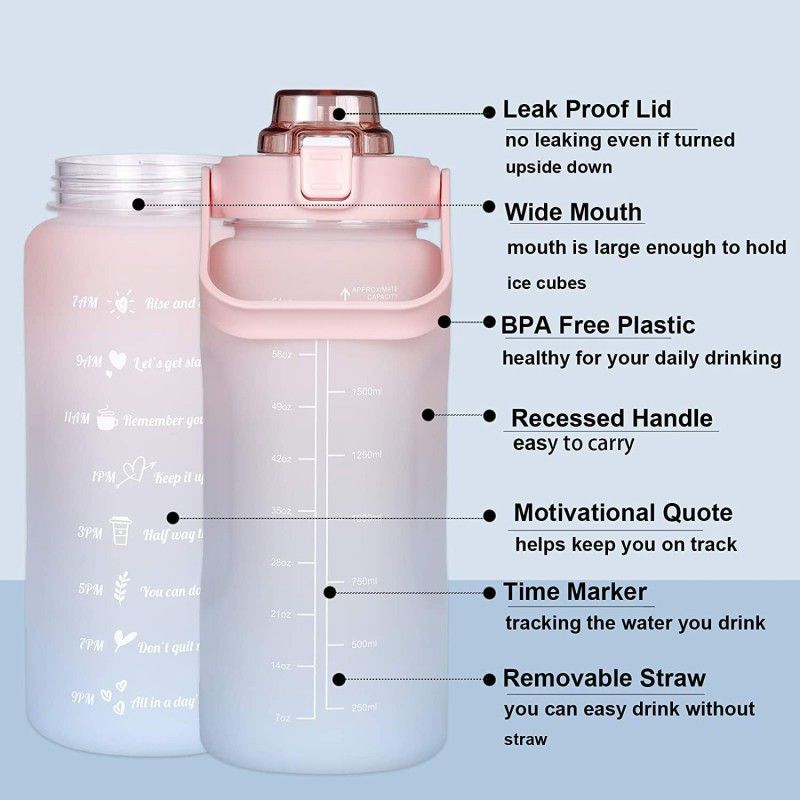 NYRWANA DELIVERING SMILES IN INIDA Large 2 Litre Motivational Water Bottle with Straw BPA Free Travel Bottle 2000 ml Bottle  (Pack of 1, Pink, Blue, Plastic)
