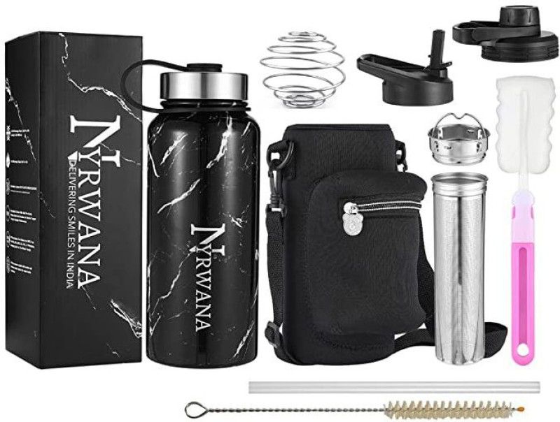 NYRWANA DELIVERING SMILES IN INIDA Sports Water Bottle Thermos with 3 Lids 1 straw Double Wall Steel Flask/Tumbler 1000 ml Bottle  (Pack of 1, Black, Steel)