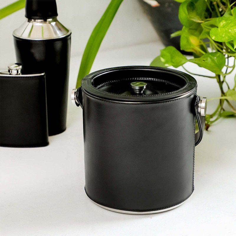Home4U 1.5 L Steel Black Leather Sheath Ice Bucket With Tong Ice Bucket  (Black)