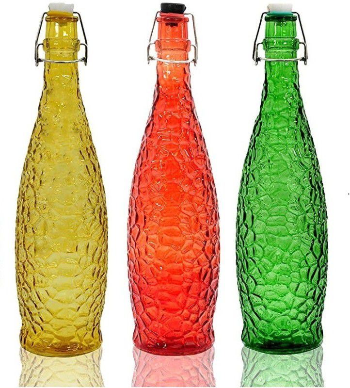 Machak Crick Glass Bottle For Kitchen & Decoration With Cork 1 Litre 1000 ml Bottle  (Pack of 3, Multicolor, Glass)