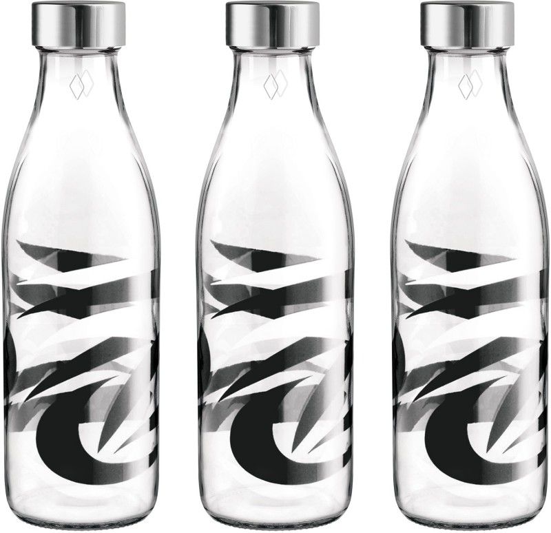 TREO Ivory Premium Glass Printed Bottle, Set of 3, 1000 ml Each, Abstract Black 1000 ml Bottle  (Pack of 3, Black, Glass)