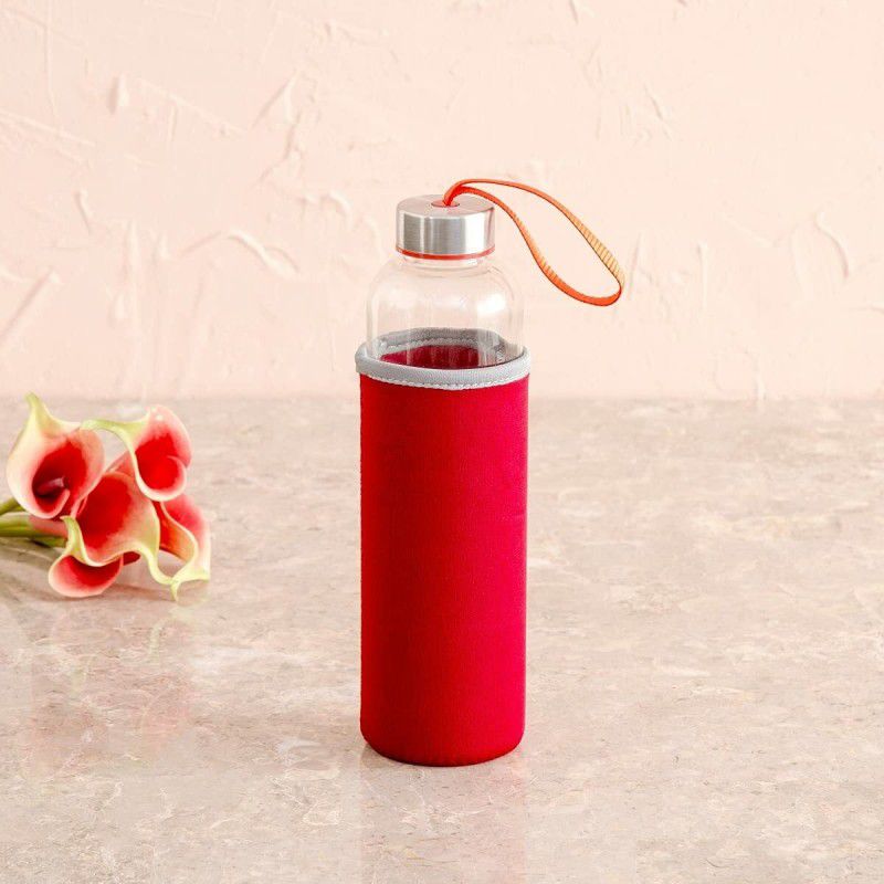 KEYA ENTERPRISE Glass water bottle with leak-proof air tight cap, Transparent bottle 700 ml Bottle  (Pack of 1, Red, Glass)