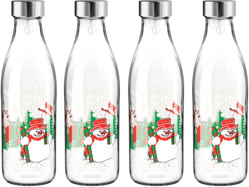 TREO Ivory Premium Glass Printed Bottle, Set of 4, 1000 ml Each, Snowman 1000 ml Bottle  (Pack of 4, Clear, Glass)