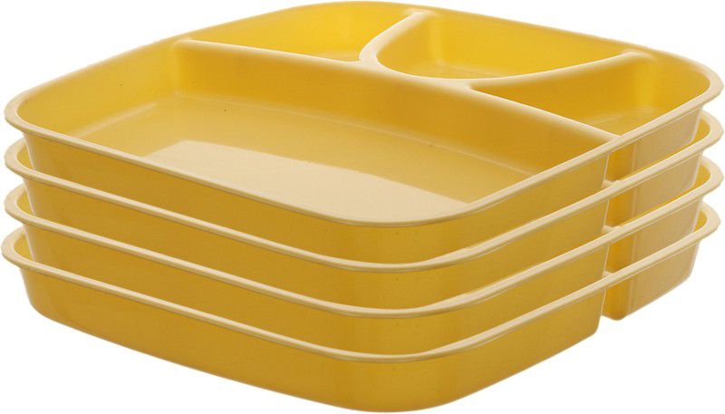 KUBER INDUSTRIES 4 Pieces Microwave Safe Unbreakable Plastic Food Plate with Partitions (Yellow) - CTKTC34712 Dinner Plate  (Pack of 4, Microwave Safe)