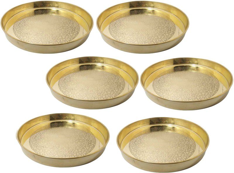A&H Brass Traditional Dinner Plate / Thali / Heavy Gauge Khumcha / Full Plate Set of 6 pc For Pooja & Serving Purpose (Engraved Flower Design Tableware & Serveware , [ 11 inch ] 27 cm Each) - 6 Piece Dinner Plate  (Pack of 6)