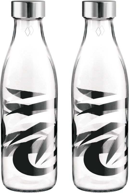 TREO Ivory Premium Glass Printed Bottle, Set of 2, 1000 ml Each, Abstract Black 1000 ml Bottle  (Pack of 2, Black, Glass)