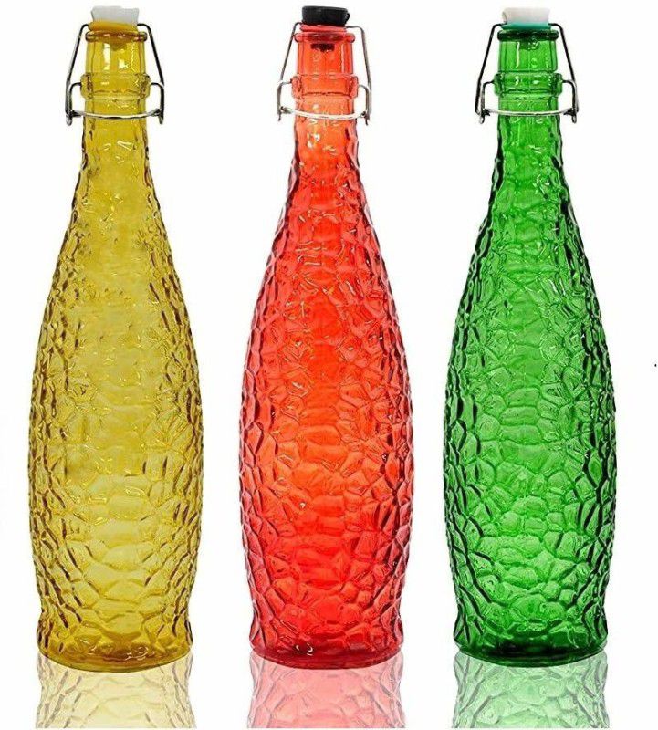 Machak Crick Glass Water Bottle for Fridge Mix Colors X 3 1000 ml Bottle  (Pack of 3, Yellow, Red, Green, Glass)