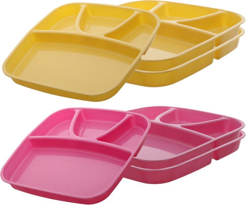 KUBER INDUSTRIES 6 Pieces Microwave Safe Unbreakable Plastic Food Plate with Partitions (Pink & Yellow) - CTKTC34720 Dinner Plate  (Pack of 6, Microwave Safe)