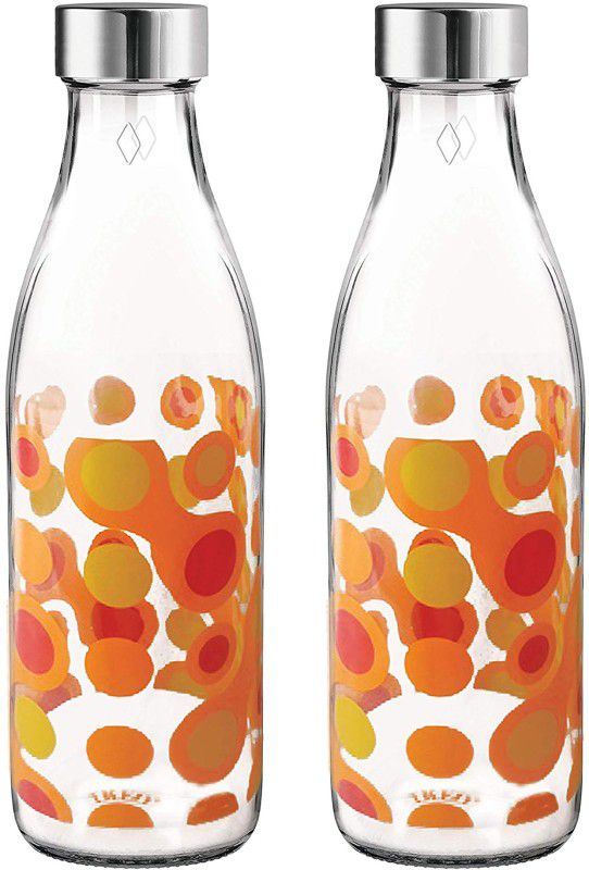 TREO Ivory Premium Glass Printed Bottle, Set of 2, 1000 ml Each, Orange Circles 1000 ml Bottle  (Pack of 2, Orange, Glass)