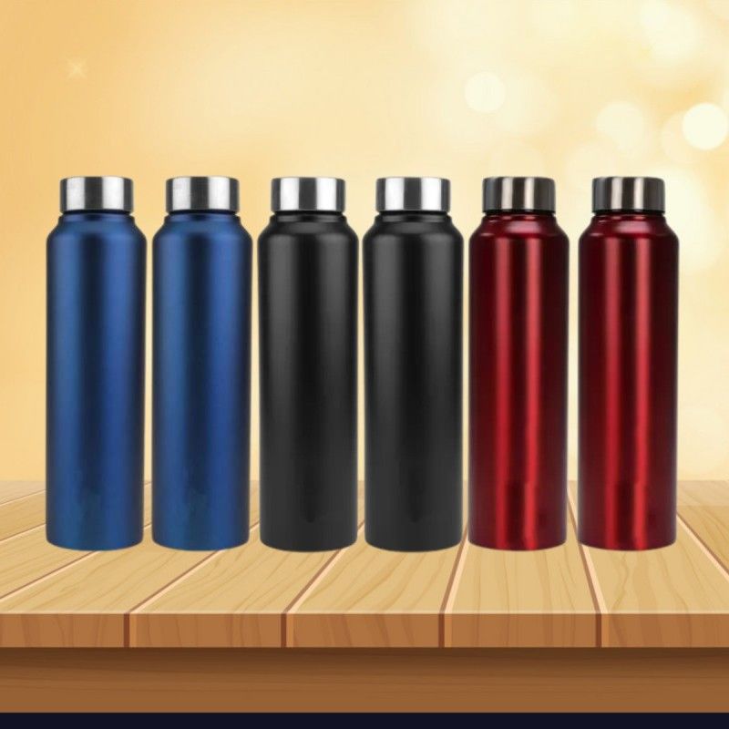 Skymac Stainless Steel Single Walled Fridge Water Bottle For Home Office Diwali Gift Set 1000 ml Bottle  (Pack of 6, Black, Blue, Red, Steel)