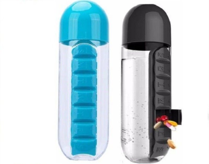 SEAHAVEN Water Bottle Weekly Seven Compartments With Pill Bottle 250 ml Bottle  (Pack of 2, Multicolor, Plastic)