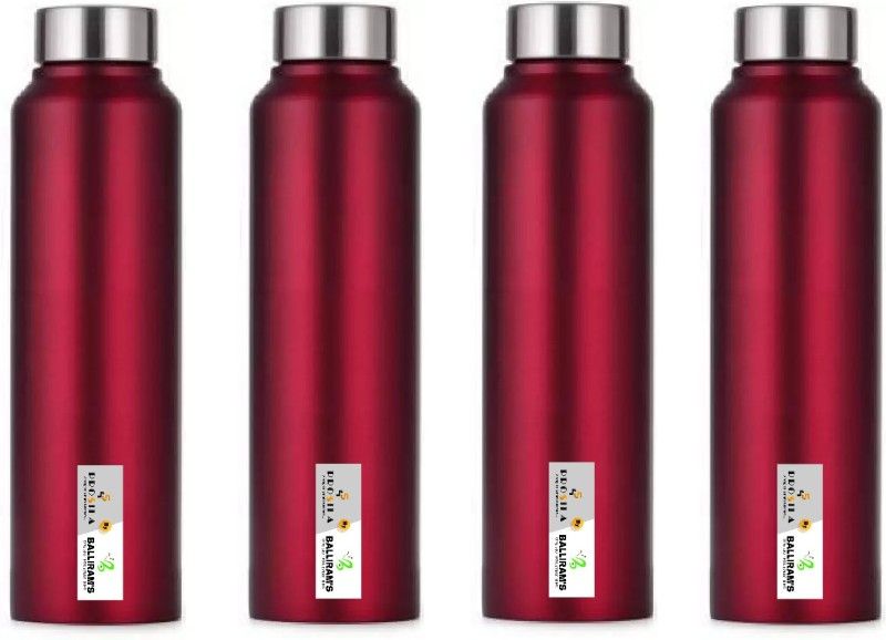 Prosila Stainless steel bottle Leak Proof Water Plain Cap Fridge Bottles 1000 ml Bottle  (Pack of 4, Red, Steel)