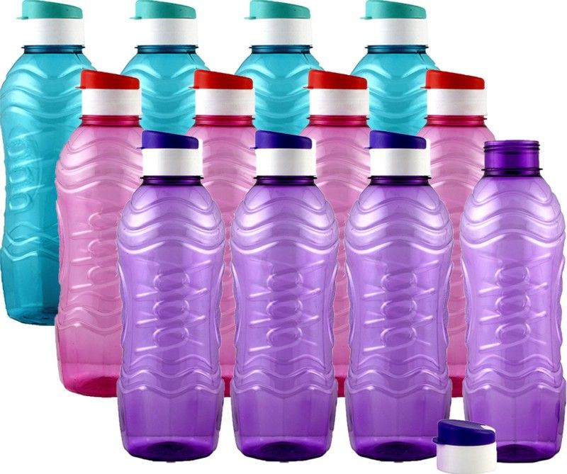KUBER INDUSTRIES Plastic 12 Pieces Fridge Water Bottle Set with Flip Cap (Sky Blue & Pink & Purple) 1000 ml Bottle  (Pack of 12, Multicolor, Plastic)