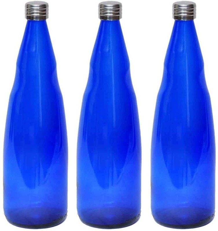 Machak Keez Glass Water Bottle for Fridge with Stainless Steel Cap, 1000 ml Bottle  (Pack of 3, Blue, Glass)