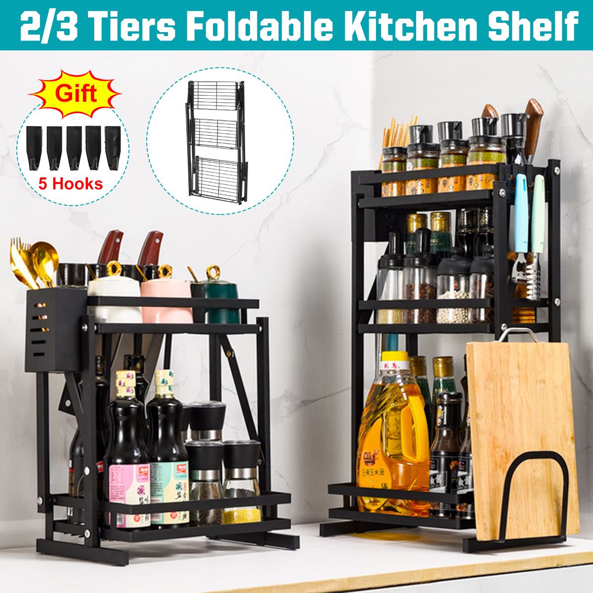 Functional 2/3 Tiers Countertop Spice Organizer Storage Rack Upgrade Foldable Kitchen Shelf