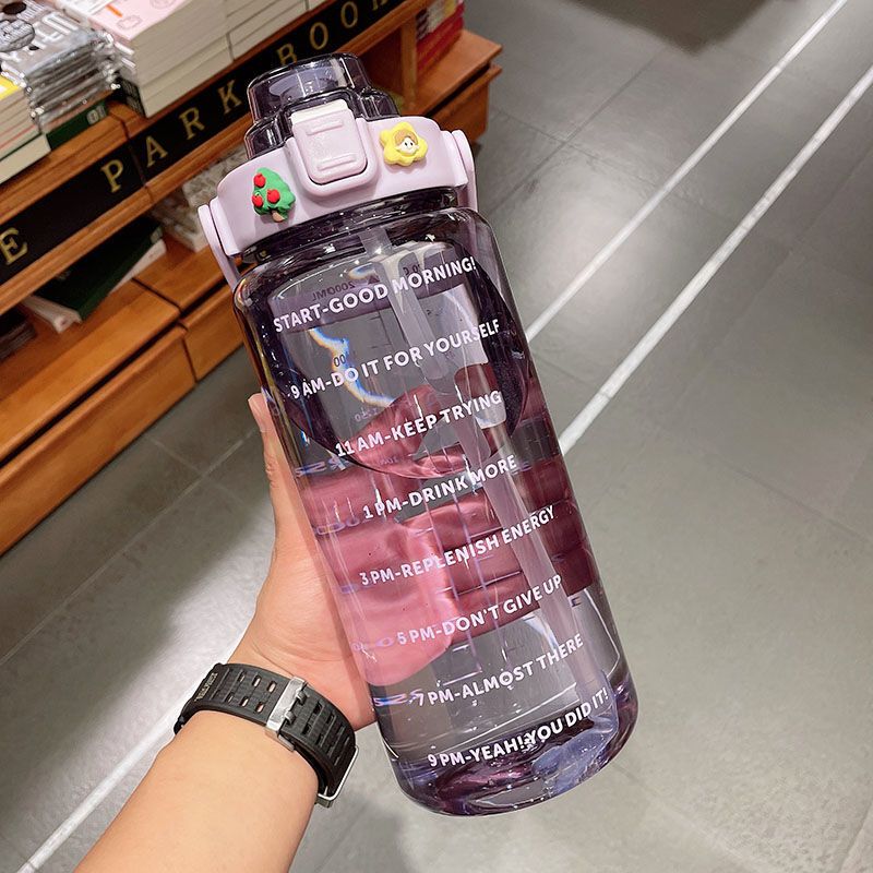 2 Liter Water Bottle with Straw Female Jug Girls Portable Travel Sports Kettle with Time Marker Plastic Drinking Bottle Male Cup