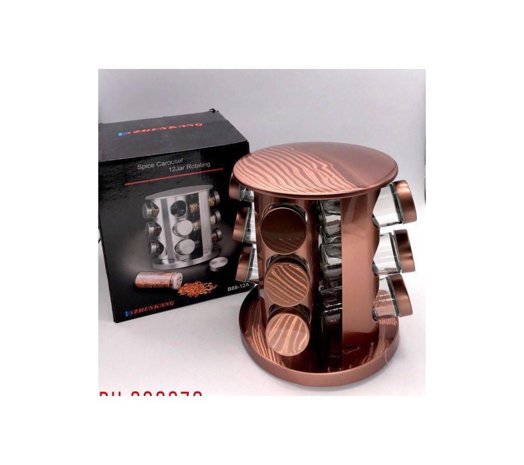 12 pcs spice rack with glass jars and stainless steel rotating stand