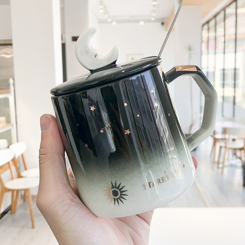 Light luxury painted ceramic mug,Korean style Black mugs,moon coffee cup creative mugs business office cup Drinkware