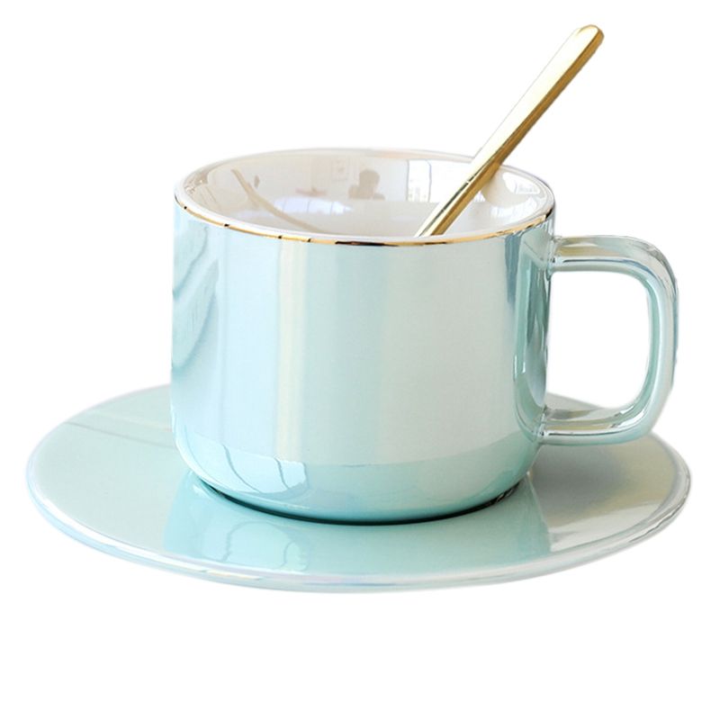 Nordic Ceramic Coffee Cup Set with Spoon Restaurant Coffee Cup Office Winter Flower Tea Cup ,Green