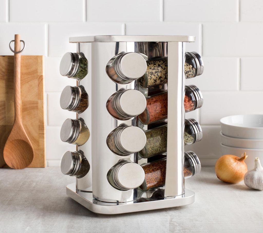 16 pcs spice rack with glass jars and stainless steel rotating stand