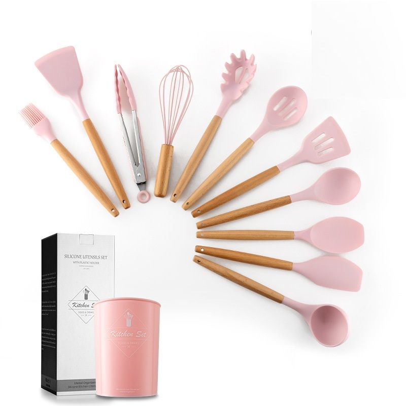 Yfashion 11Pcs/Set Light een Color Silicone Kitchenware Set with Wooden Handle 12.5x12.5x33.5cm