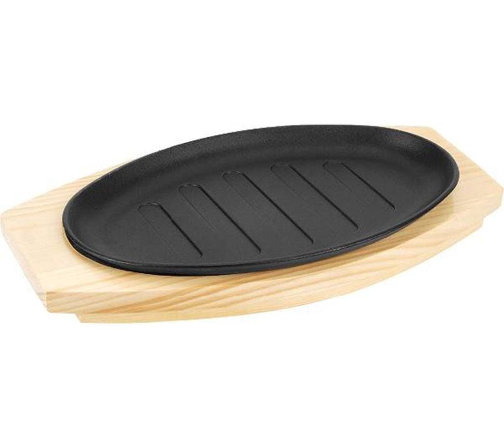 Cast Iron Sizzler Hot Serving Dish With Wooden Tray