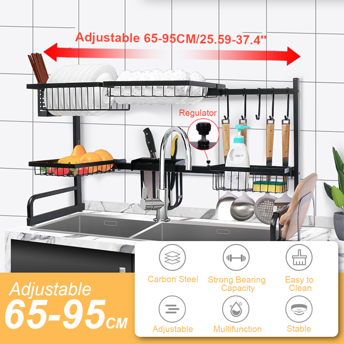 65-95cm Adjustable Kitchen Shelf Storage Tableware Sink Drain Rack Carbon Steel  with Bowl Rack/ Dish Rack/Square Basket/ Knfe Holder/Chopping Board Rack