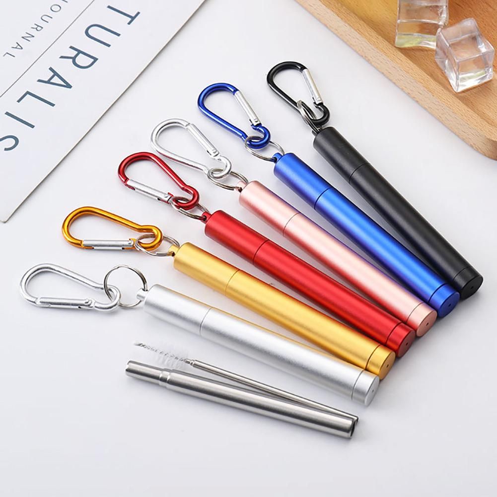 4Pcs Portable Stainless Steel Telescopic Silver Drinking Straw For Travel Reusable Collapsible Metal With Straw Bucket And Brush