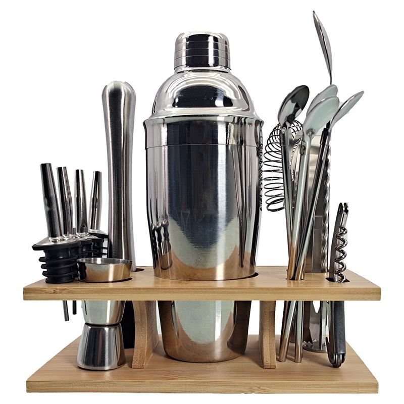 16 Pcs Cocktail Shaker Set Jigger Mixing Spoon Tong Barware Bartender Tools with Wood Storage Stand Bars Tools