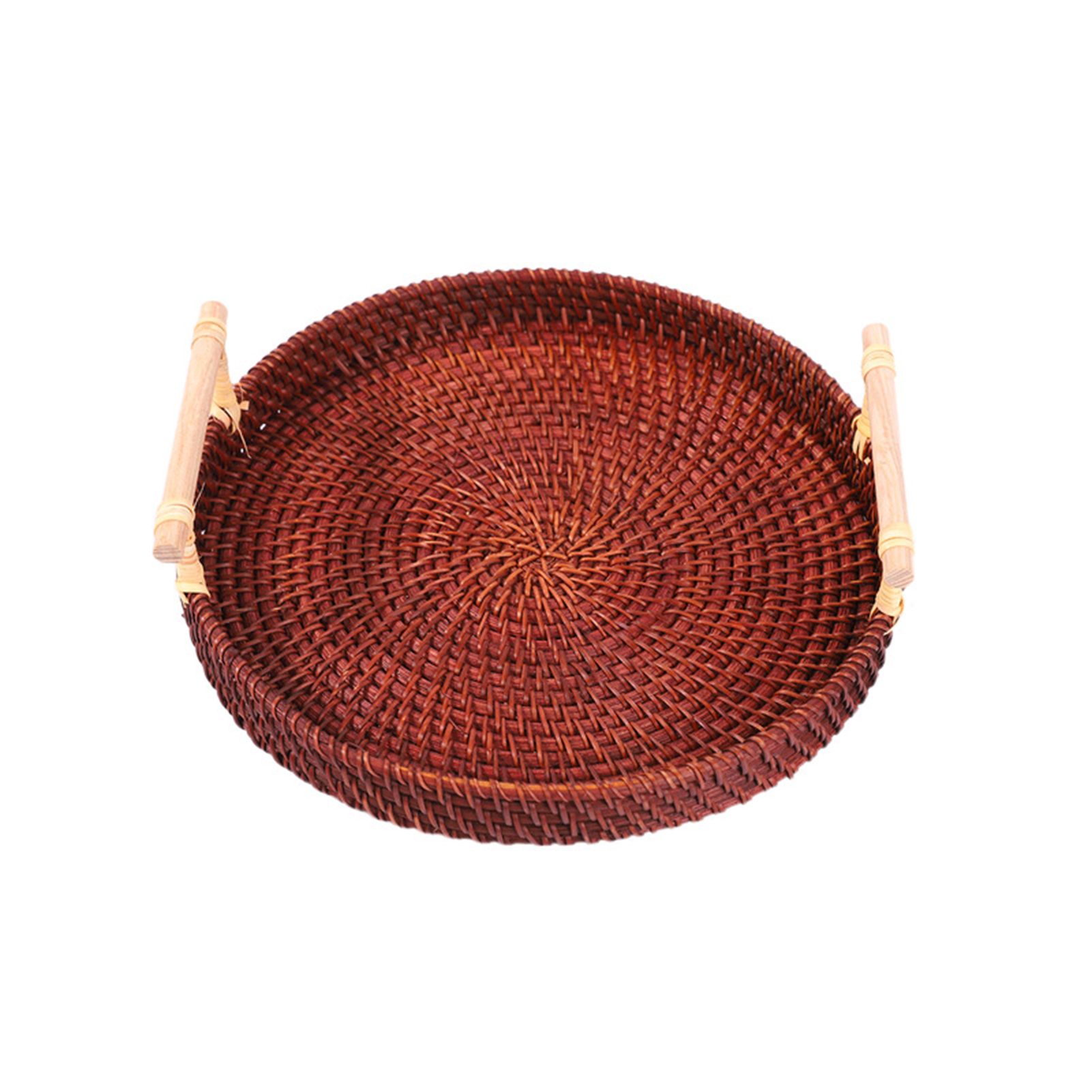 Round Rattan Storage Tray with Two Handle Ratten Fruit Food Handwoven Severing Tray for Home