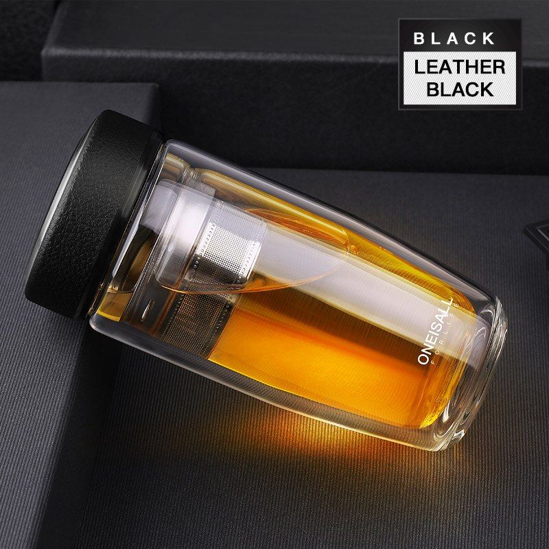 ONEISALL 350ML Double Water Bottle Car Mounted Scald Proof Glass Bottle Stainless Steel Filter Tea Tumbler male