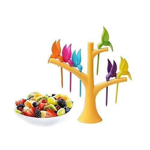 6Pcs Humming Bird Design Fruit forks With fork Holder- Multicolor