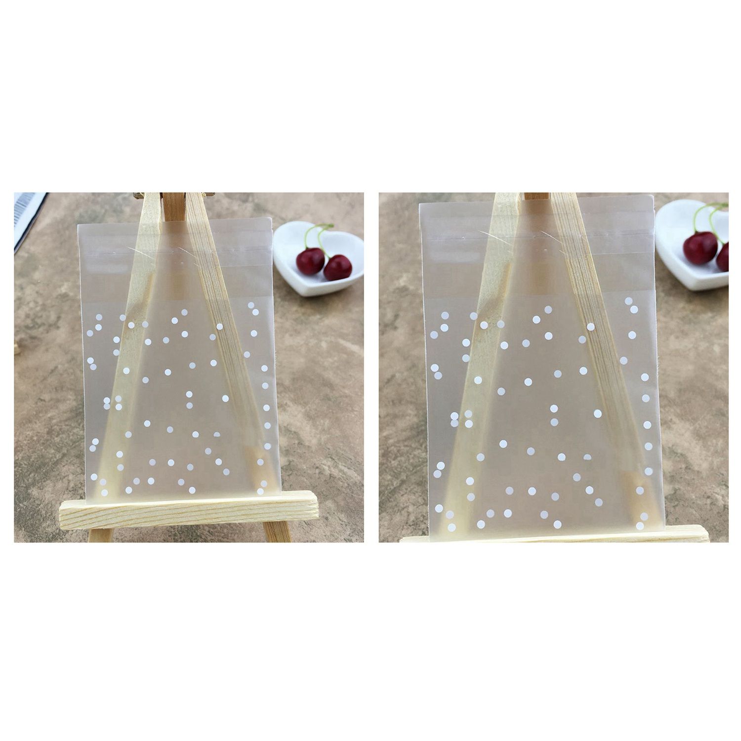 200Pcs Frosted Cute Dots Plastic Pack Candy Cookie Soap Packaging Bags Cupcake Wrapper Self Adhesive Sample Gift Bag - 100pcs 7cm & 100pcs 10cm -  Transparent & white
