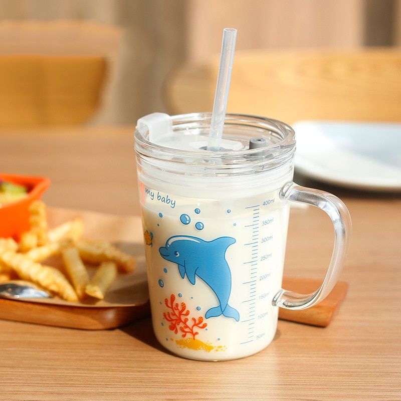Coffee Cup Children's Milk Cup Glass Home Cartoon Drinking Cup Breakfast Cup Straw Cup 450ml Mugs Child Sippy Cup Drinkware
