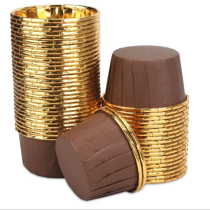 50Pcs Aluminum Foil Cupcake Cups Disposable Muffin Liners Baking Cups Aluminum Cupcake Tip Pan Ramekin Holders Little Pudding Cups-Gold + Brown Exquisite Product