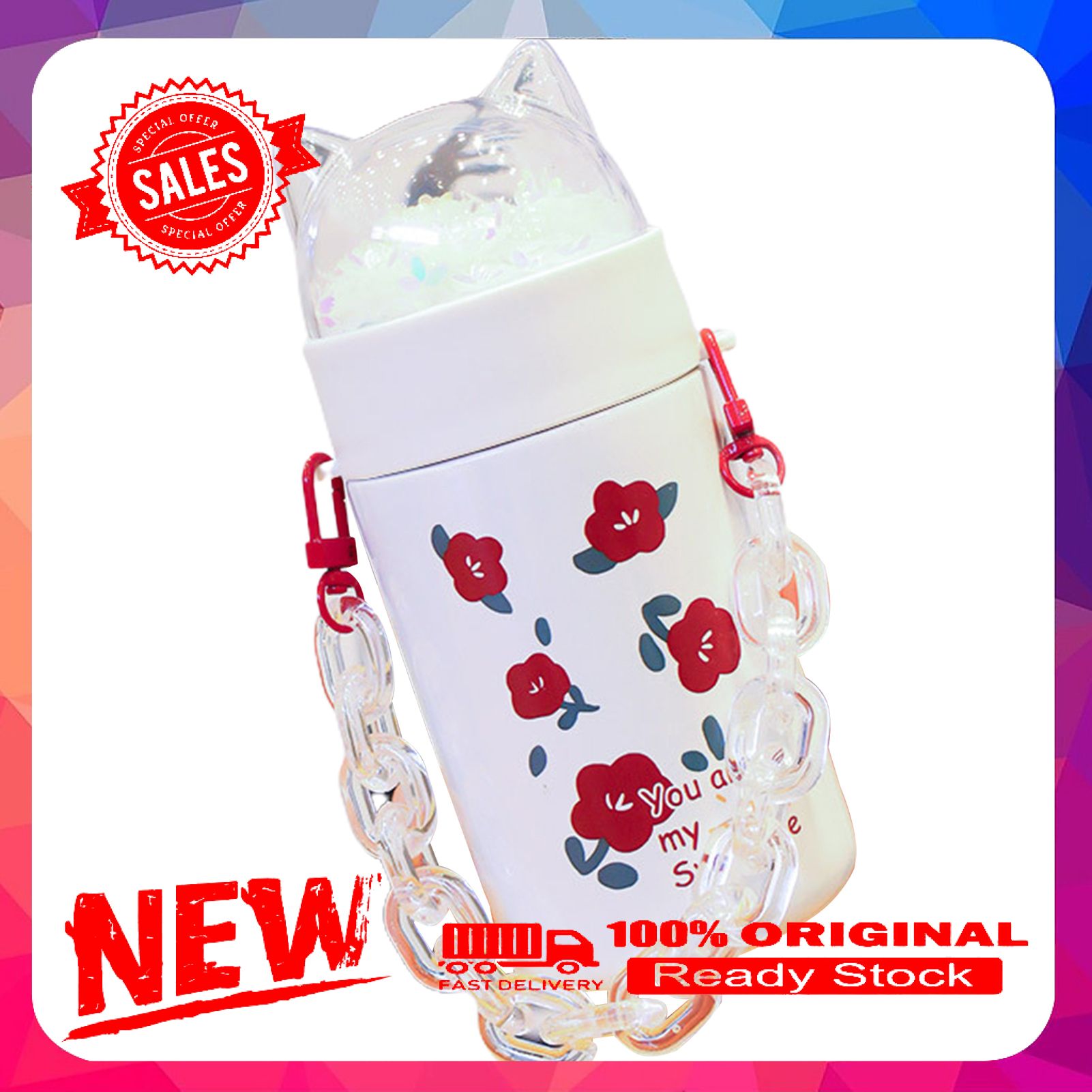 280ml Insulated Bottle with Chain Leak-proof Stainless Steel Girl Cute Thermoses Bottle for Outing